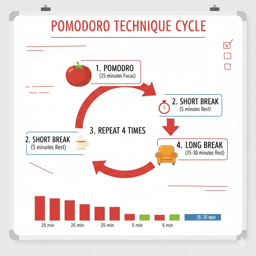 Pomodoro technique 25-5 cycle visual diagram