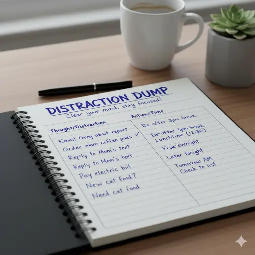 Example of handwritten distraction list during Pomodoro session