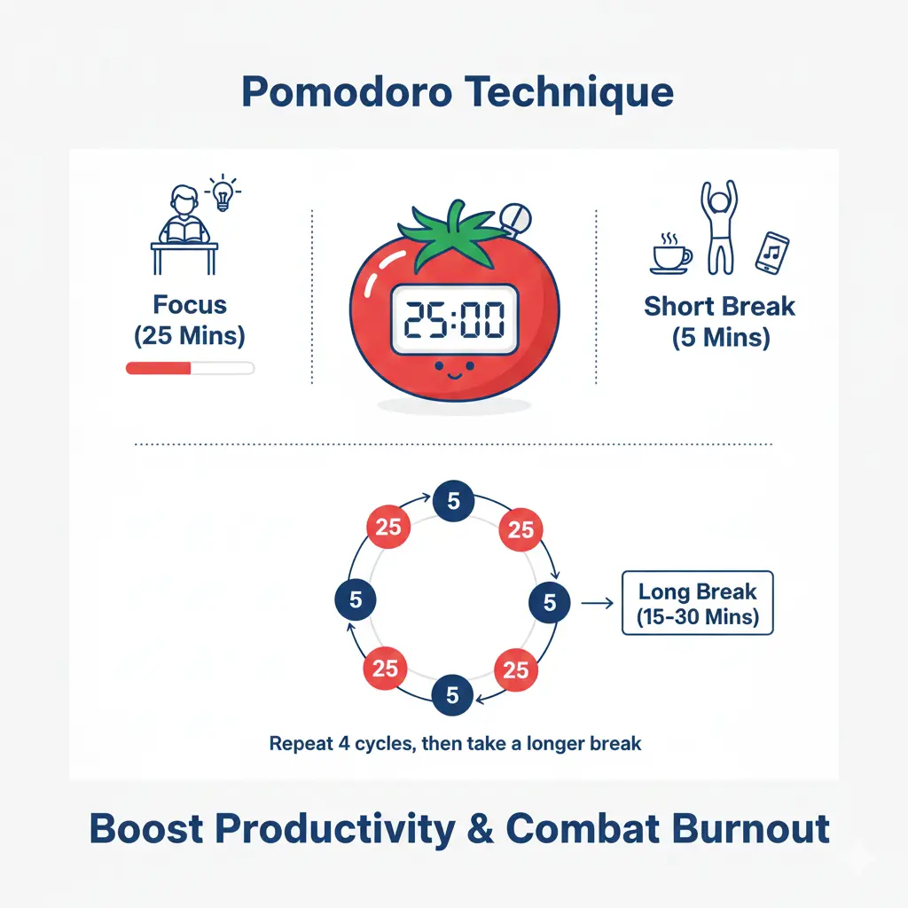 Pomodoro timer showing 25-minute study session